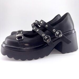FOREADA Mary Jane Women Platform Goth Black Heart Began Leather Sz 39